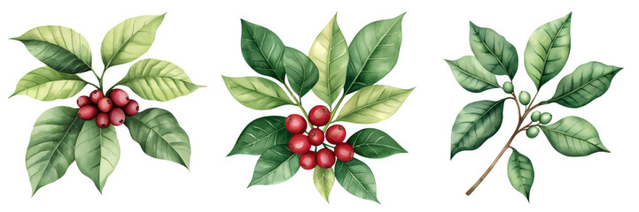 The image features three clusters of green leaves with red berries, showcasing a botanical illustration style.