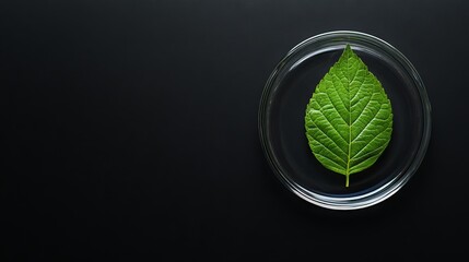 Green Leaf in Acrylic Petri Dish on Black Background, Top View. AI generated illustration.