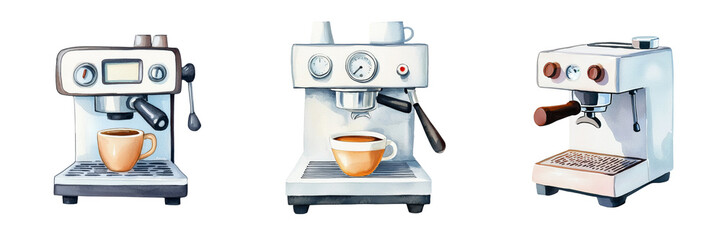 Three stylish espresso machines arranged in a row, each with a coffee cup underneath, showcasing modern design and functionality.