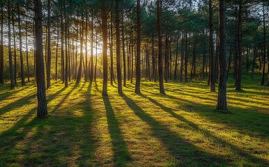 Fototapeta premium Dense Pine Forest at Sunrise with Sunlight Filtering Through Trees. AI generated illustration