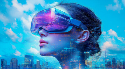 A woman with sleek VR goggles overlooks a cityscape, digital overlays intersect with the vibrant city skyline.