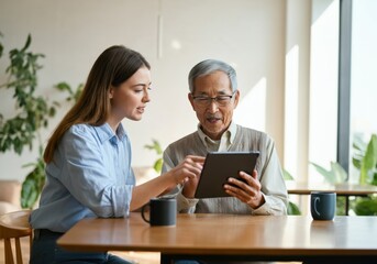 Obraz premium Young woman helping an elderly man using a digital tablet, enjoying quality time together