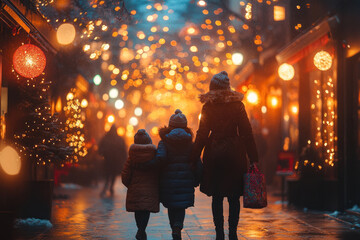 the festive atmosphere of the winter city. In the foreground, three people are visible - perhaps a mother with two children, who are walking along a street decorated with garlands.  