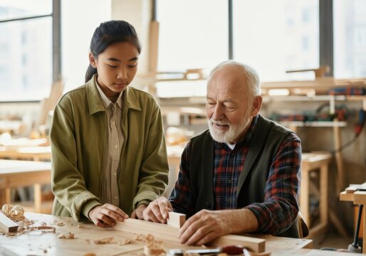 Senior carpenter guiding young apprentice in woodworking techniques, fostering intergenerational skill transfer and craftsmanship in a carpentry workshop