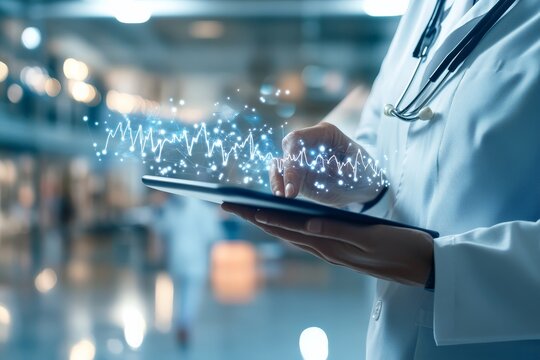 A doctor in a white coat and stethoscope examines visualized medical data on a digital tablet, showcasing modern healthcare technology and patient care.