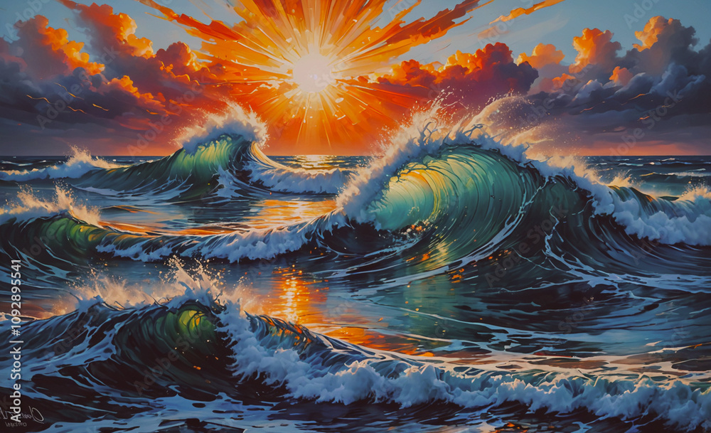 Aufkleber beautiful painting of a wave with a sun in the middle of it. the sun is shining brightly, creating a