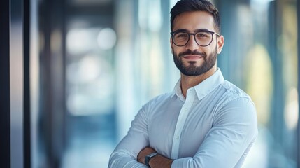 Obraz premium Young professional man with glasses and arms crossed in a sleek office setting 