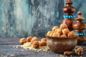 Delicious middle eastern pastries in rustic setting with wooden decor.