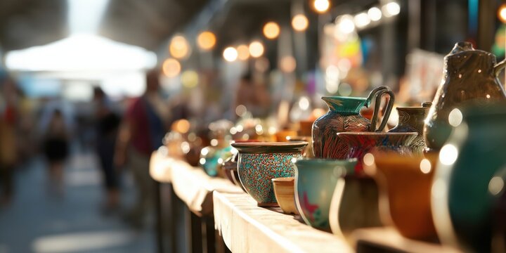 A vibrant display of colorful handcrafted pottery highlights the artistic craftsmanship and creativity presented at a bustling artisan market.