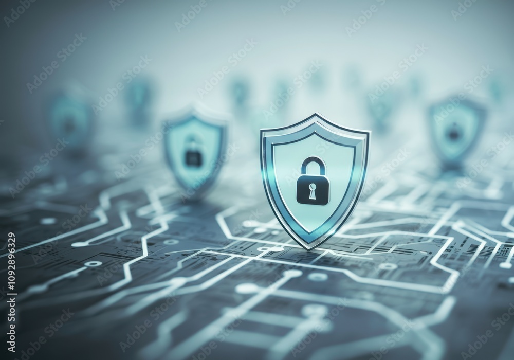 Poster digital security shields with lock icons hovering over circuit board, representing network protectio