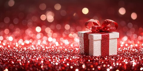 A beautifully wrapped gift box adorned with a vibrant red bow, resting on a glossy surface, exuding festive charm and anticipation for Christmas celebrations.
