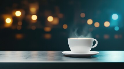 A steaming cup of coffee sits on a table, surrounded by softly blurred lights, creating a cozy and inviting atmosphere.