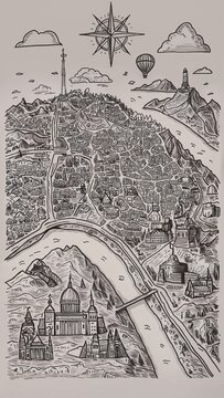 Handdrawn map with landmarks and icons hand drawing
