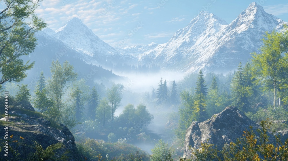 Poster A mountain range with a foggy mist and trees in the foreground