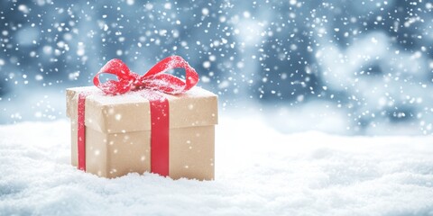 A charming small gift box adorned with a vibrant red ribbon rests peacefully on a blanket of soft, white snow, encapsulating the essence of Christmas joy and giving.