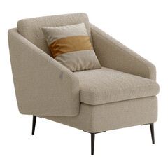 A tan chair with a brown pillow and a brown and white striped pillow