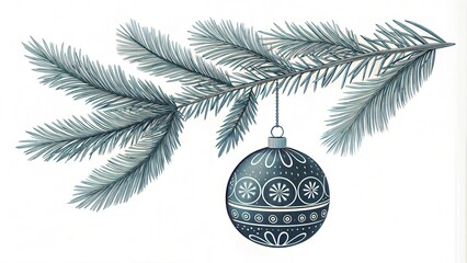 Elegant Christmas ornament, serene mood, hanging on a fir branch with intricate design