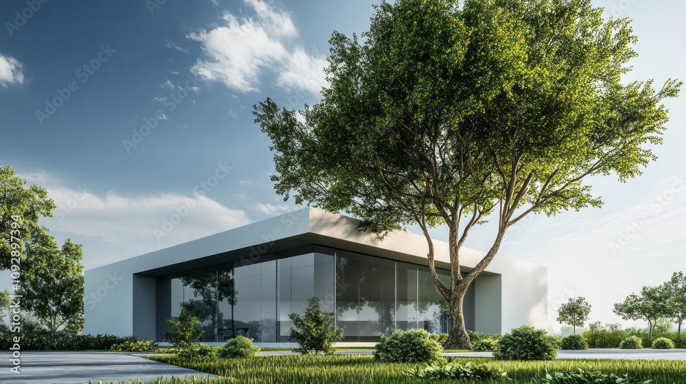 Poster A modern house with a large tree in front of it