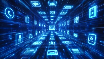 Fototapeta premium Abstract Digital Technology Background with Internet Icons. AI generated illustration