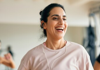 Joyful mature woman wearing earphones and listening to music while exercising in gym