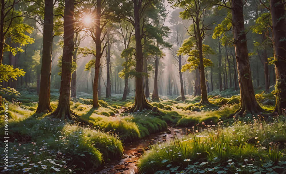 Aufkleber Forest with a stream running through it. The sun is shining through the trees. There are many trees in the forest