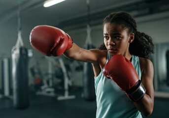 Determined girl  practicing boxing punches during intense workout session in a gym