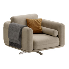 A tan chair with a brown pillow and a black and white blanket draped over it