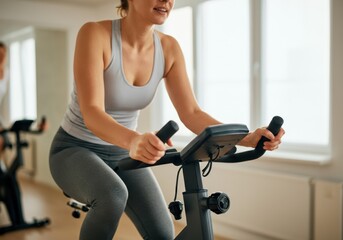 Smiling athlete exercising on stationary bike during spinning class in gym