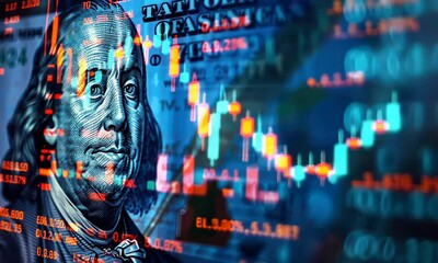 Close-up of a currency note with digital overlay and financial data. - Powered by Adobe