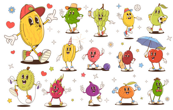 Retro groovy fruit characters of cartoon cute apple, orange, grapes and mango. Groovy fruit food vector personages, psychedelic hippy carambola, fig, pear and feijoa, lychee and melon characters