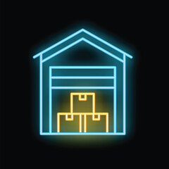 Glowing neon warehouse icon depicting storage building with boxes inside on a black background