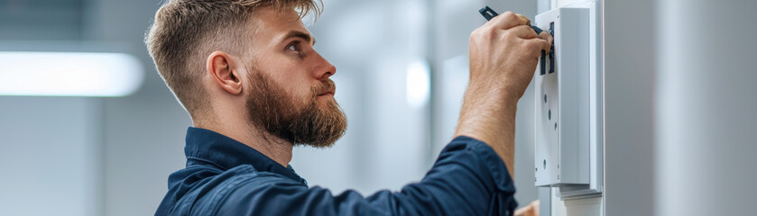 Obraz premium Fire Alarm System Response Concept. A focused man with a beard writes on a wall-mounted device, showcasing his professional expertise in a modern workspace.