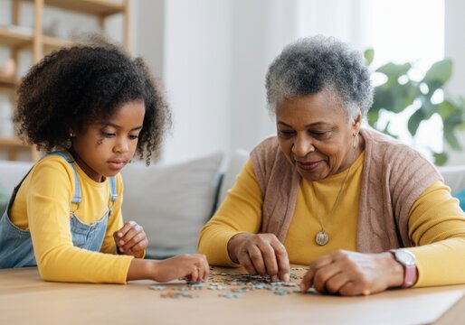 Grandmother and granddaughter enjoying their time together, solving a puzzle on a wooden table in the living room - Powered by Adobe