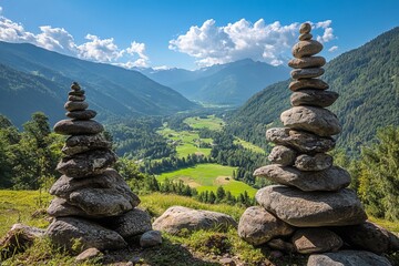 Aerial View from the Top of Jochbrunnen in Switzerland, Green Valley, Forest, and Stacked Rocks on Mountain Side. AI generated illustration