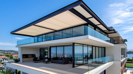 Fototapeta premium Modern architectural design coastal home exterior view luxury lifestyle open space concept