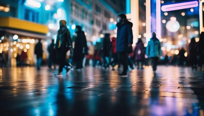 Fototapeta premium Blurred crowd by night in the city. 