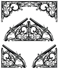 antique style page corner decor elements with plant leaves and dueling pistol guns - black and white vector outline graphic set