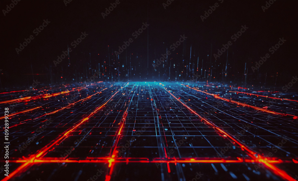 Poster computer generated image of a city with red and blue lights. the city is shown in a black and white 