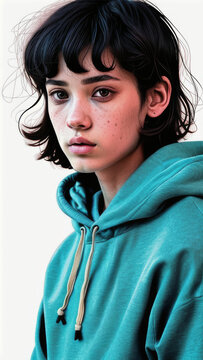 Modern Portrait of a Young Woman in a Teal Hoodie with Freckles for Editorial and Artistic Projects