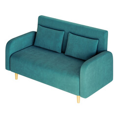 A blue couch with two pillows on it