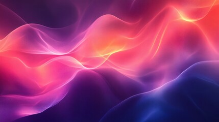 Fototapeta premium Vivid neon waves flowing in purple and orange hues against dark background with copy space