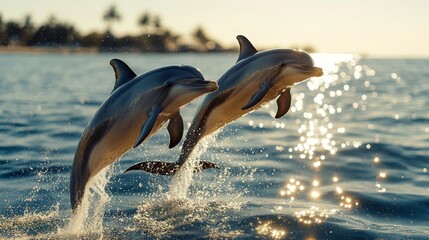 A pair of dolphins leap joyfully out of the ocean, synchronized in movement, glistening in the sunlight.