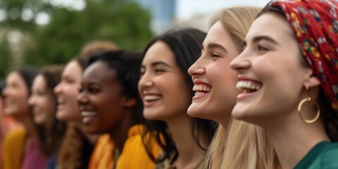 Obraz premium A diverse and cheerful group of women is captured in profile as they share smiles and joy outdoors, emphasizing connection, friendship, and shared experiences.