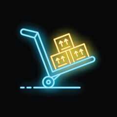 Glowing neon line icon of a hand truck carrying cardboard boxes, ideal for illustrating logistics, delivery services, and e commerce