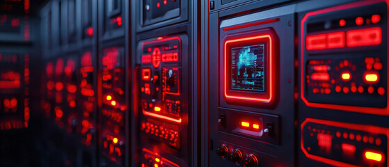 Fire Alarm System Response Concept. A close-up view of a high-tech server room featuring glowing red lights and digital displays, emphasizing advanced technology and data processing.