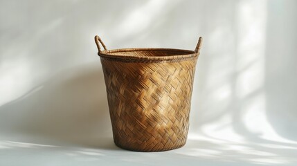 Fototapeta premium Rustic Woven Basket with Handles on Light Background Showcasing Natural Texture and Design, Ideal for Home Decor and Organizing Spaces