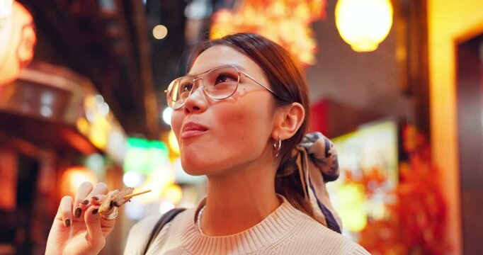 Food, night and thinking with woman at market, Omoide Yokocho for sightseeing or tourism. City, street and travel with happy tourist person eating squid in Japan for holiday or vacation abroad