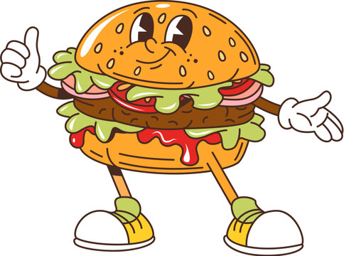 Cartoon retro groovy fast food hamburger character with funny face, vector comic art. Groovy funky fast food burger or cheeseburger with thumb up gesture and freaky happy smile in retro cartoon