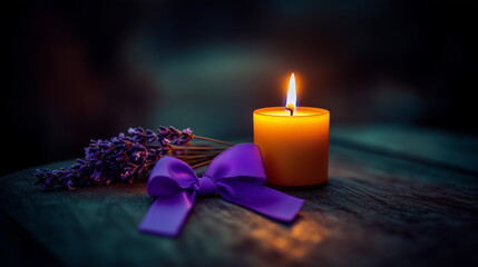 Burning remembrance candle with lavender and purple ribbon