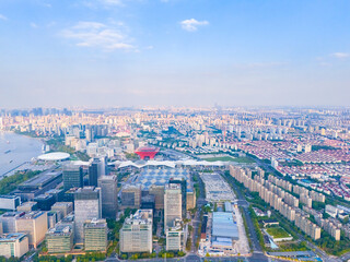 Aerial view of Shanghai skyline and HuangPu river